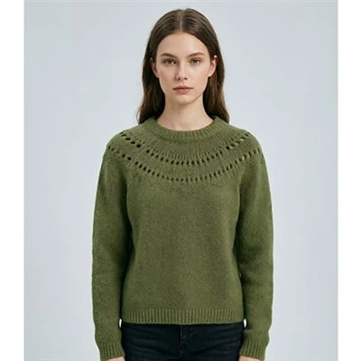 Roheline Openwork Yoke Crew Kaelusega kampsun